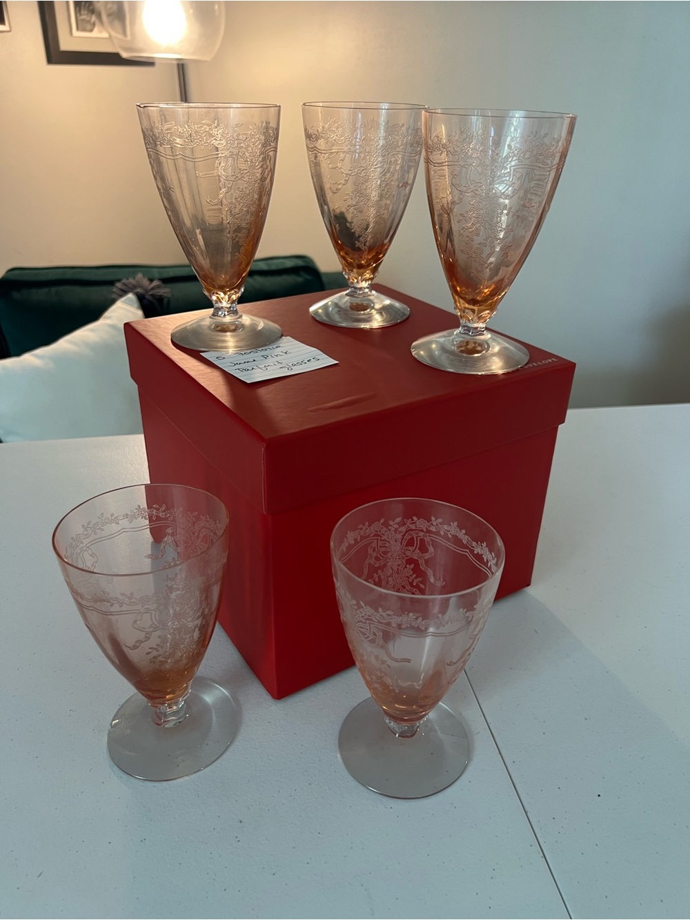 Vintage Etched Pink Glass Goblets - Set of 5